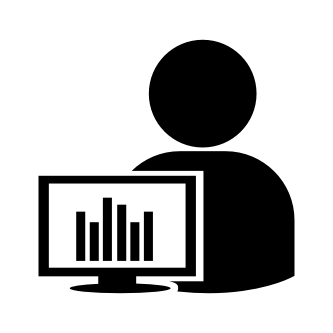 graphic of a user behind a computer with a graph on the screen